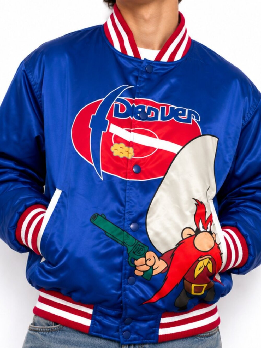 Headgear Classics Yosemite Sam Jacket Men Large Blue Satin Denver Varsity Bomber